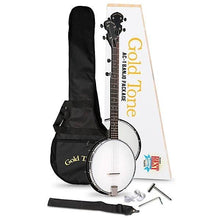 Charger l'image dans la galerie, Gold Tone AC-1 5-string open back banjo package with padded gig bag, strap, picks, and tools
